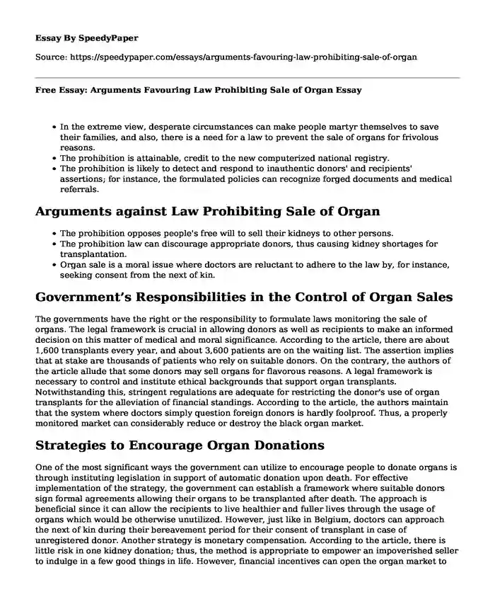 Free Essay: Arguments Favouring Law Prohibiting Sale of Organ