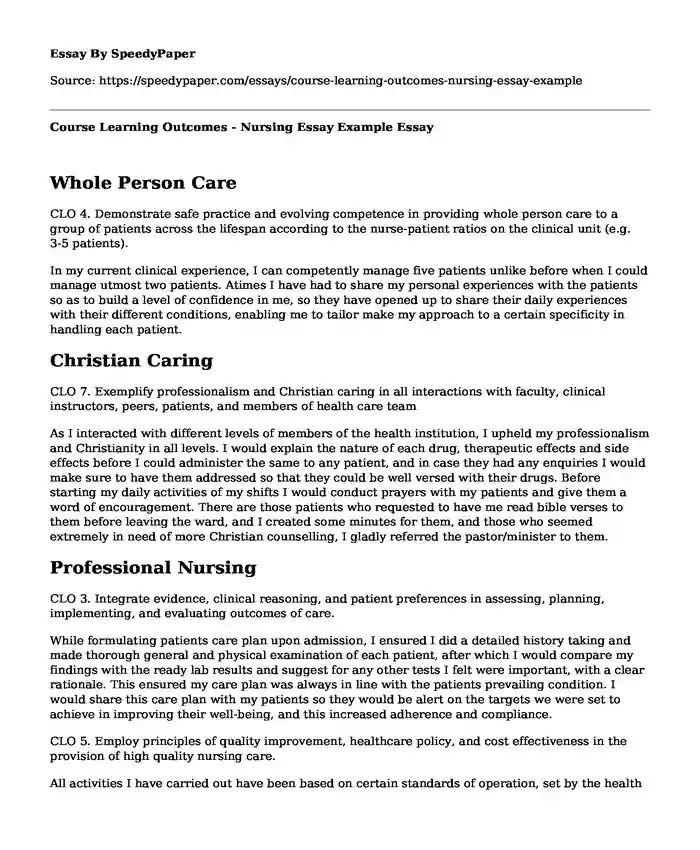 Course Learning Outcomes - Nursing Essay Example