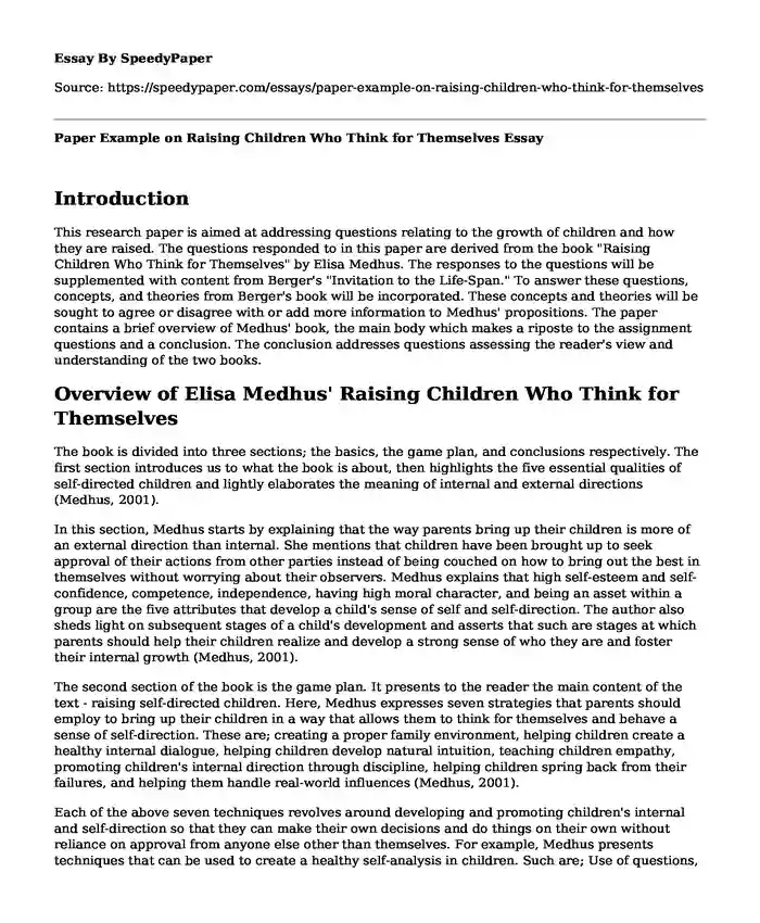 Paper Example on Raising Children Who Think for Themselves