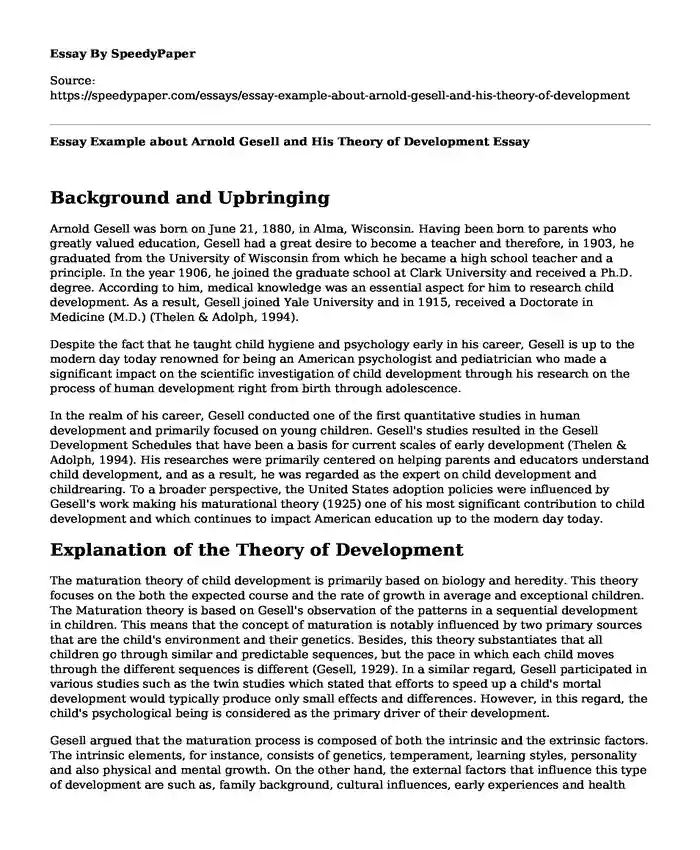 Essay Example about Arnold Gesell and His Theory of Development