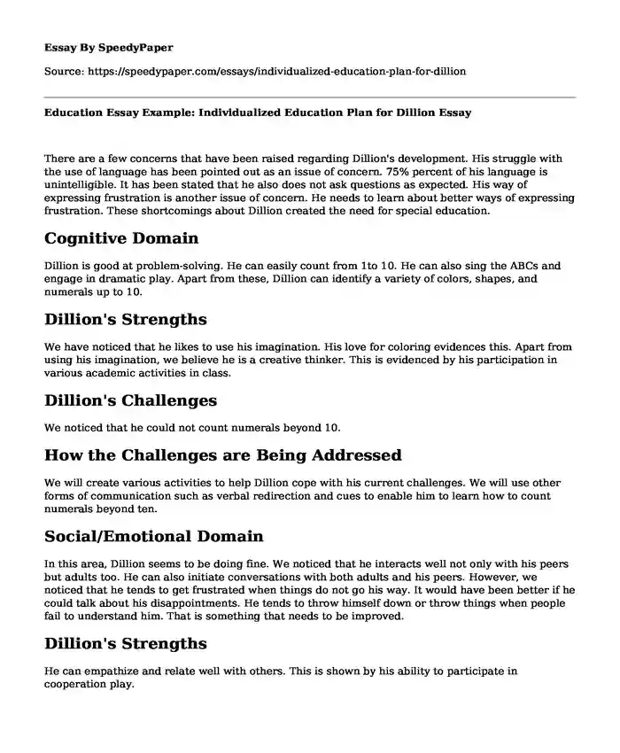 Education Essay Example: Individualized Education Plan for Dillion