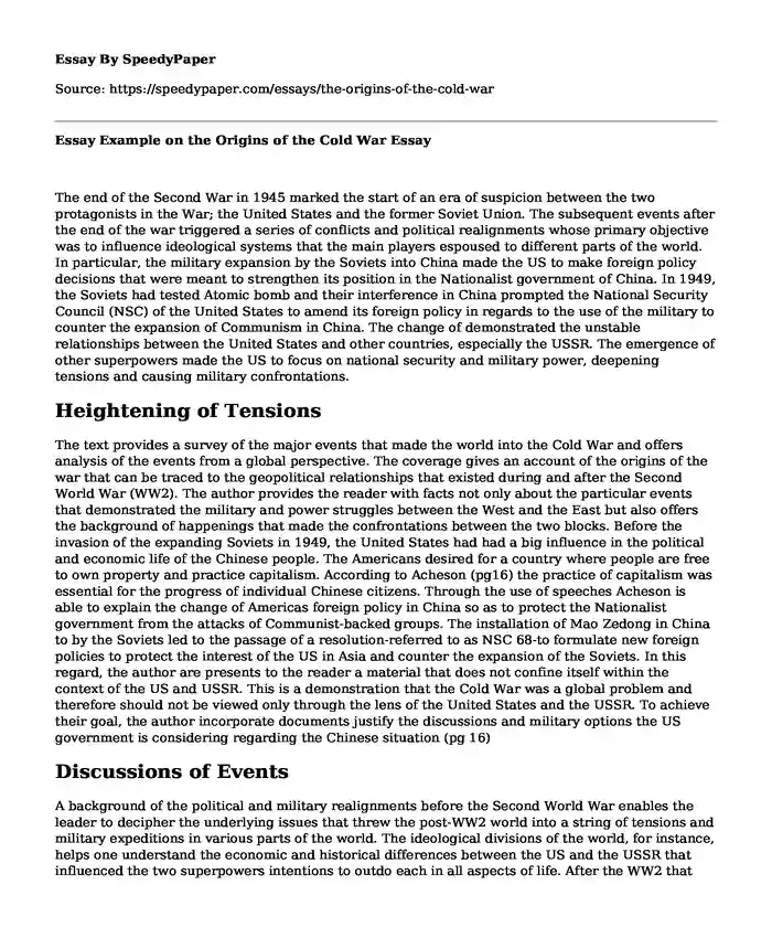 Essay Example on the Origins of the Cold War