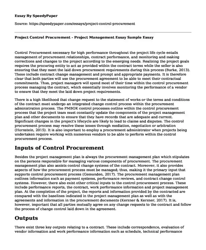 Project Control Procurement - Project Management Essay Sample