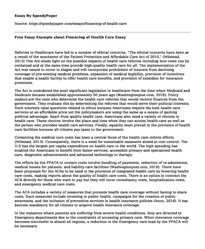 Free Essay Example about Financing of Health Care