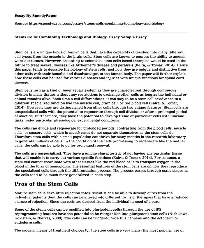 Stems Cells: Combining Technology and Biology. Essay Sample