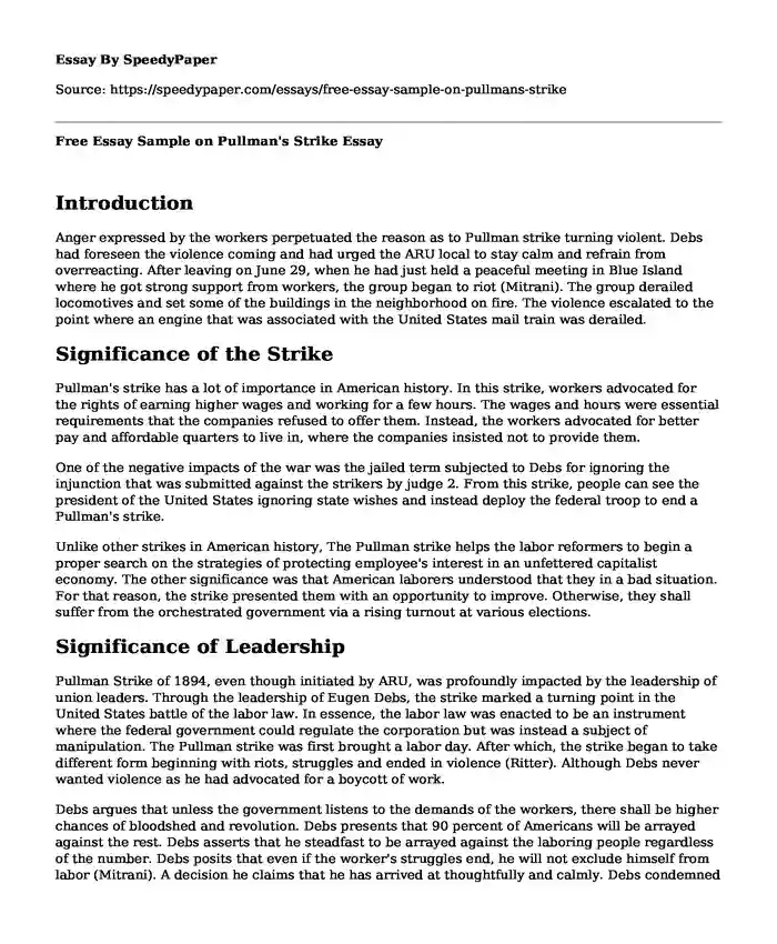 Free Essay Sample on Pullman's Strike