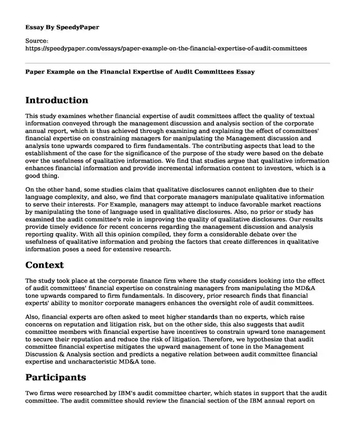 Paper Example on the Financial Expertise of Audit Committees