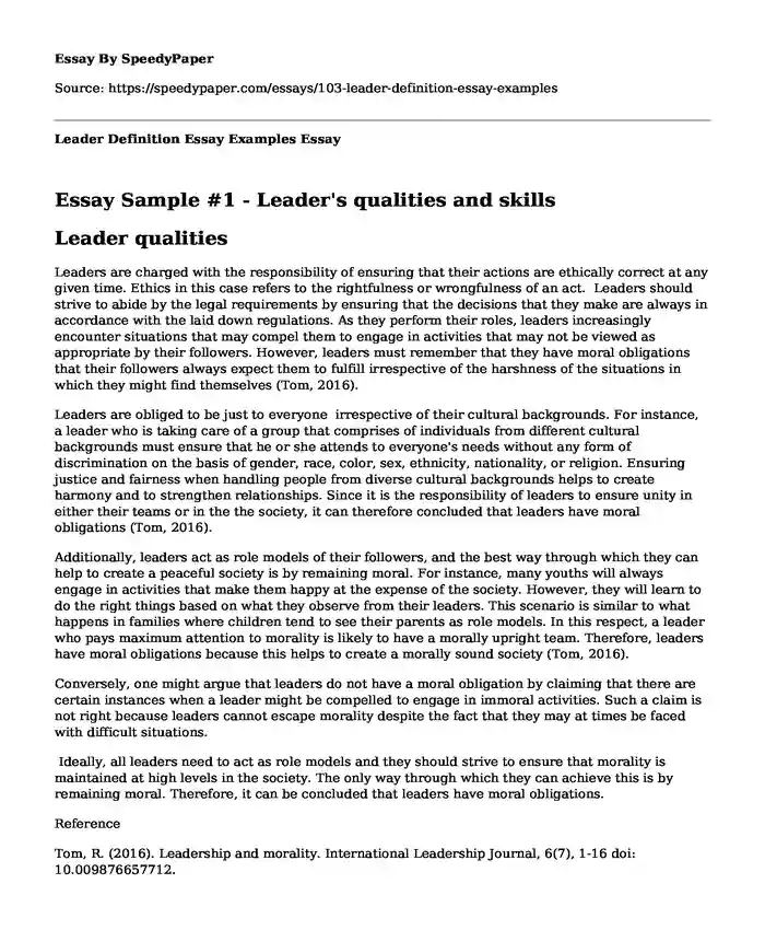 Leader Definition Essay Examples