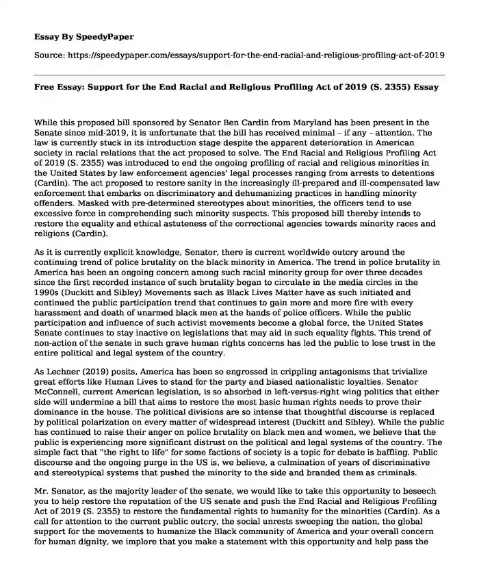 Free Essay: Support for the End Racial and Religious Profiling Act of 2019 (S. 2355)