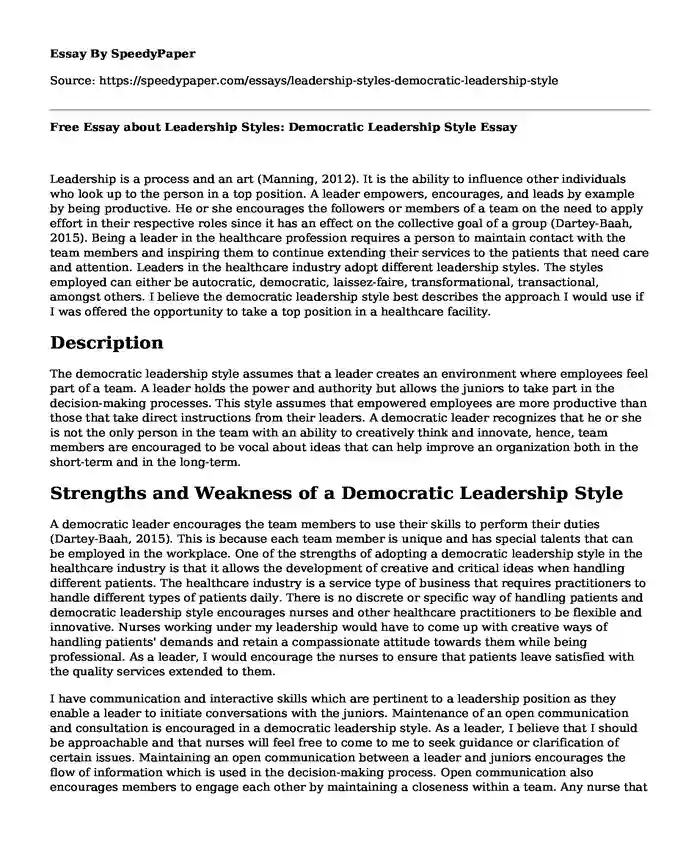 Free Essay about Leadership Styles: Democratic Leadership Style