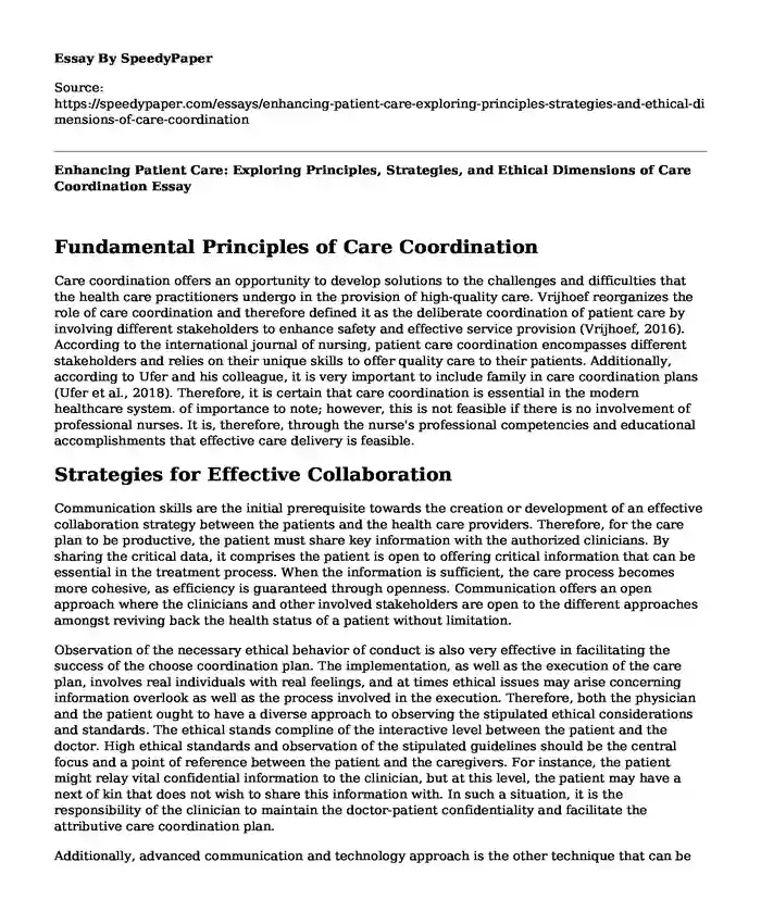 Enhancing Patient Care: Exploring Principles, Strategies, and Ethical Dimensions of Care Coordination