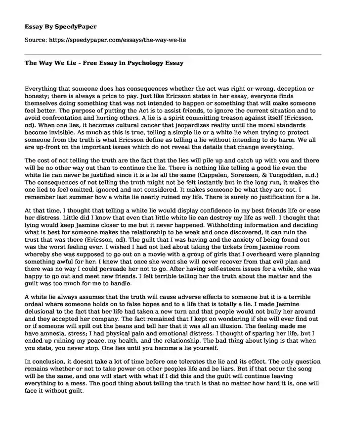 The Way We Lie - Free Essay in Psychology