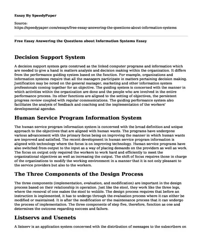 Free Essay Answering the Questions about Information Systems