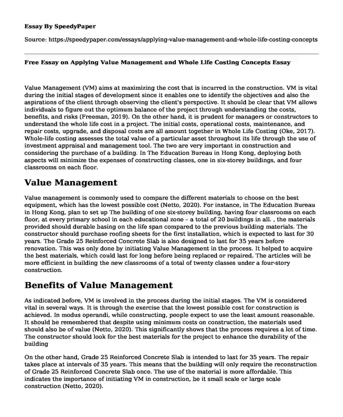 Free Essay on Applying Value Management and Whole Life Costing Concepts