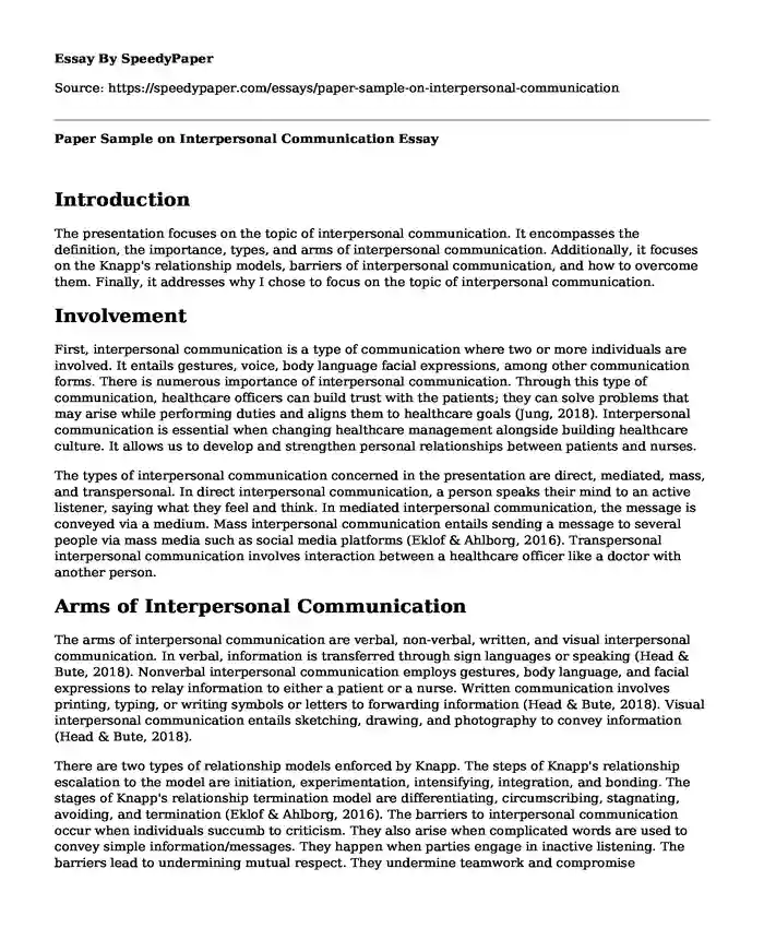 Paper Sample on Interpersonal Communication