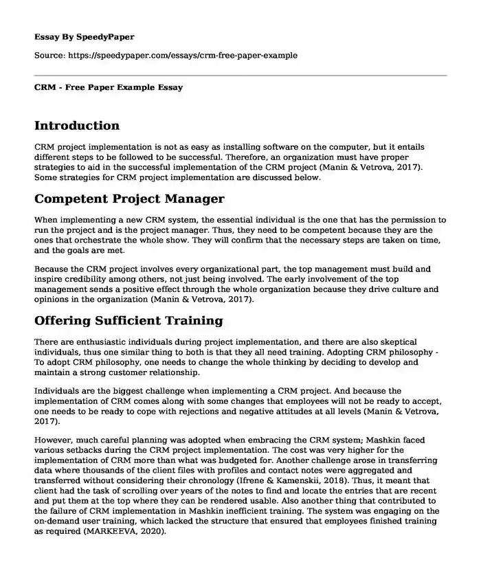 CRM - Free Paper Example