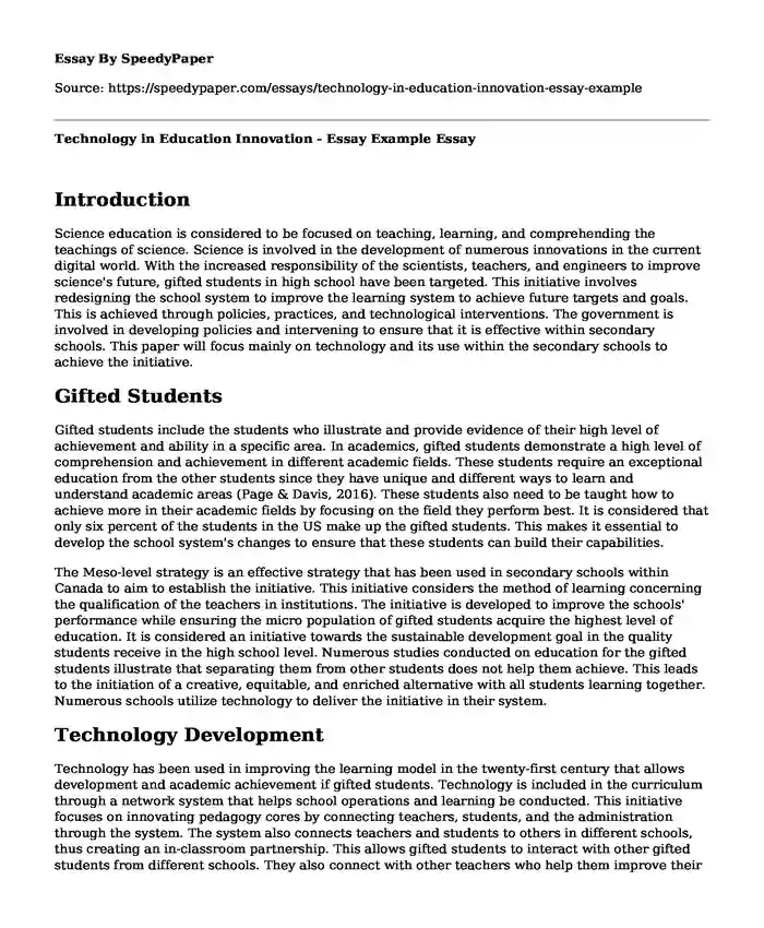 Technology in Education Innovation - Essay Example
