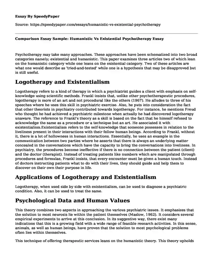 Comparison Essay Sample: Humanistic Vs Existential Psychotherapy