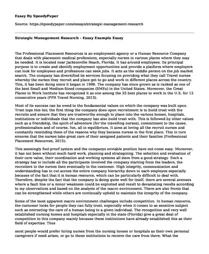Strategic Management Research - Essay Example