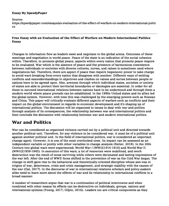 Free Essay with an Evaluation of the Effect of Warfare on Modern International Politics
