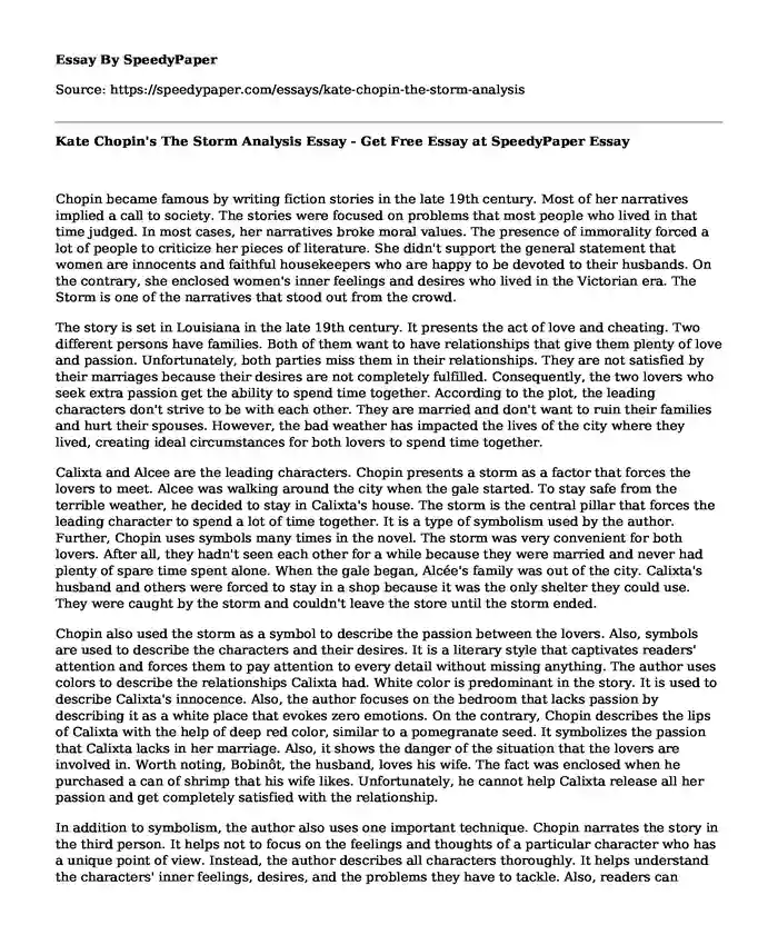 Kate Chopin's The Storm Analysis Essay - Get Free Essay at SpeedyPaper