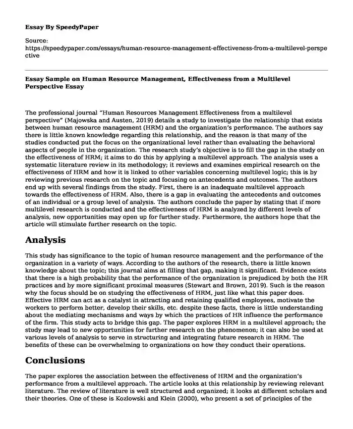 Essay Sample on Human Resource Management, Effectiveness from a Multilevel Perspective
