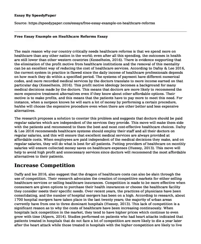 Free Essay Example on Healthcare Reforms