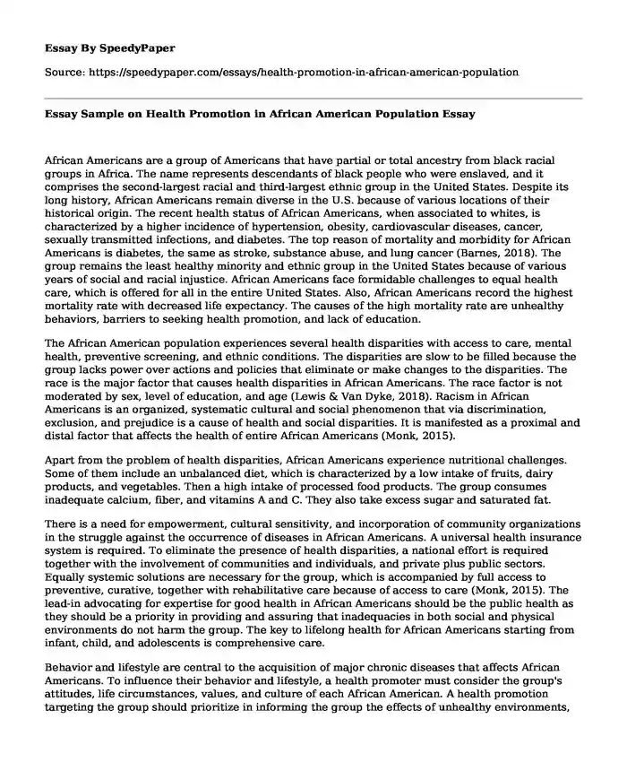 Essay Sample on Health Promotion in African American Population