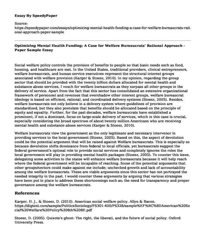 Optimizing Mental Health Funding: A Case for Welfare Bureaucrats' Rational Approach - Paper Sample