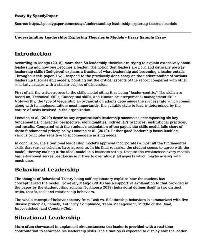 Understanding Leadership: Exploring Theories & Models - Essay Sample