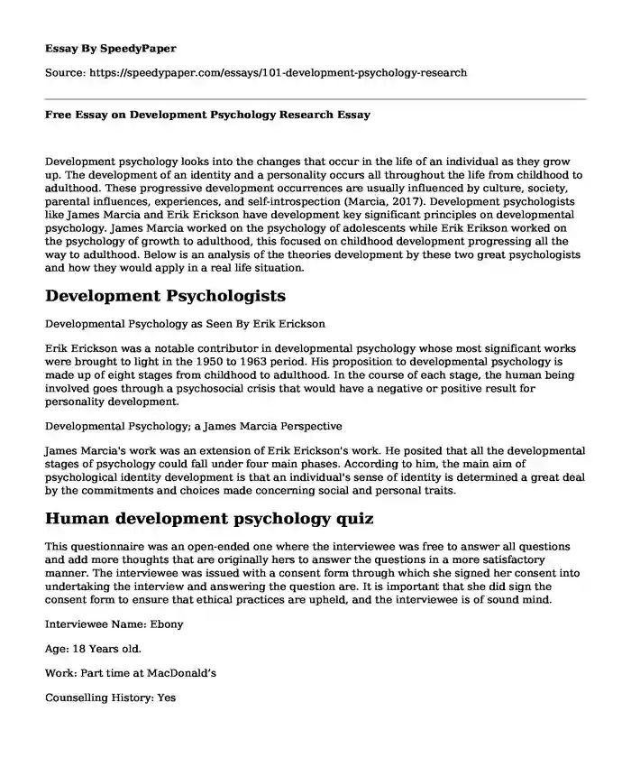 Free Essay on Development Psychology Research