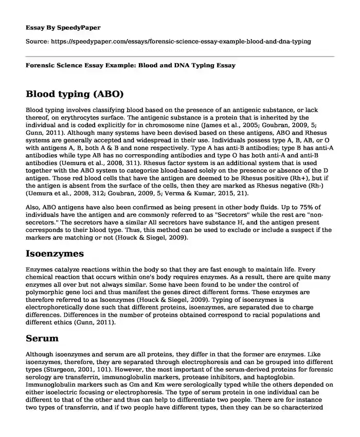 Forensic Science Essay Example: Blood and DNA Typing