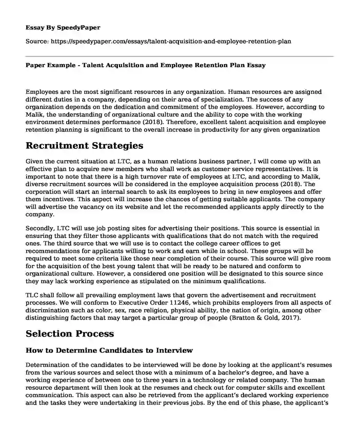 Paper Example - Talent Acquisition and Employee Retention Plan
