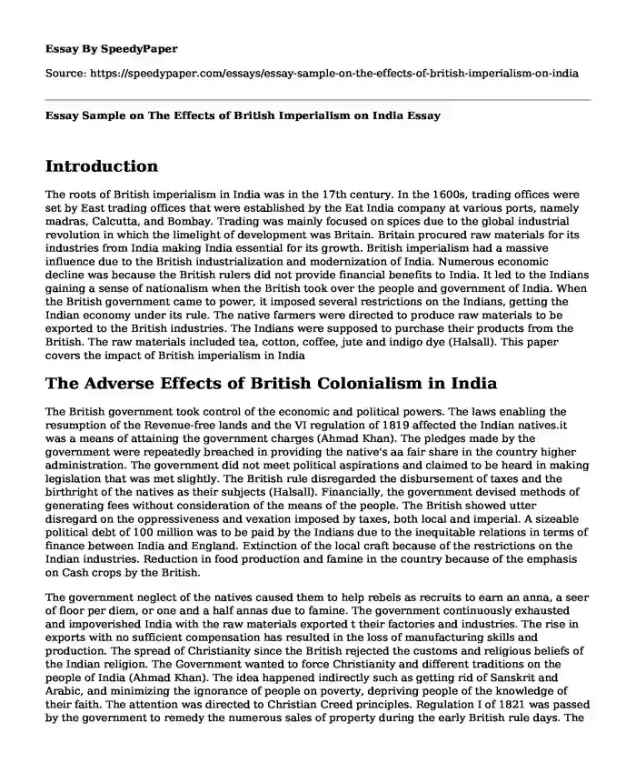 Essay Sample on The Effects of British Imperialism on India