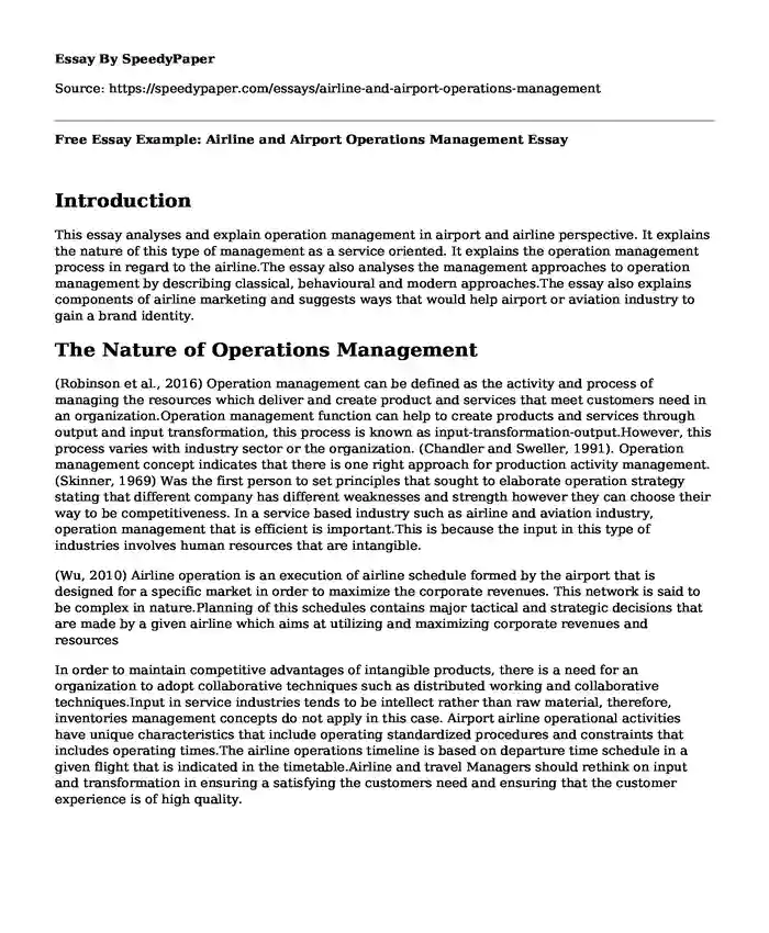 Free Essay Example: Airline and Airport Operations Management