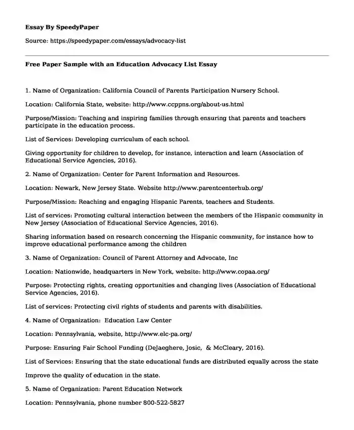 Free Paper Sample with an Education Advocacy List