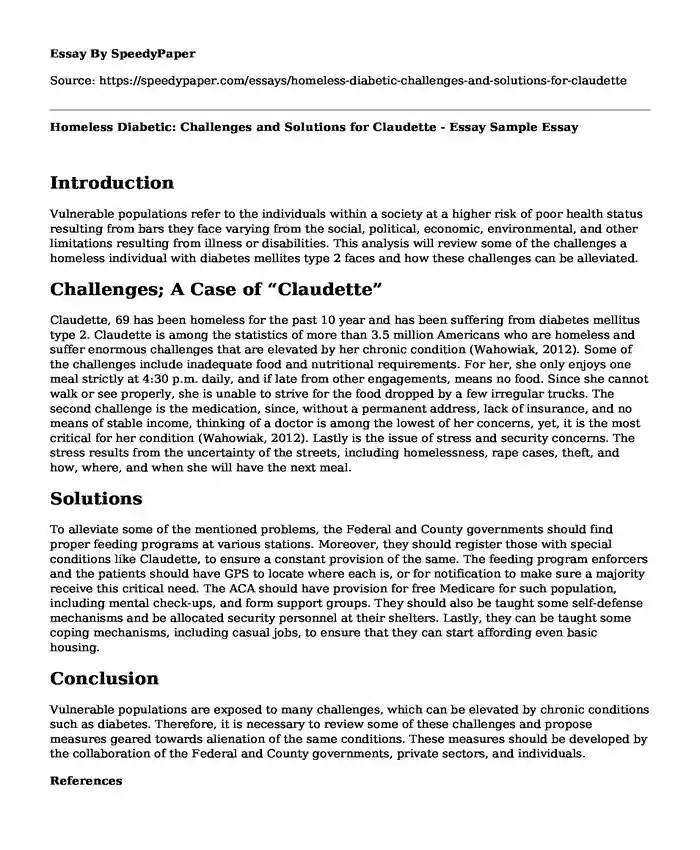 Homeless Diabetic: Challenges and Solutions for Claudette - Essay Sample