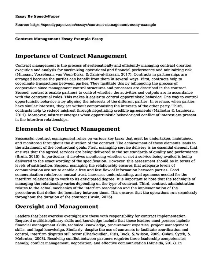 Contract Management Essay Example