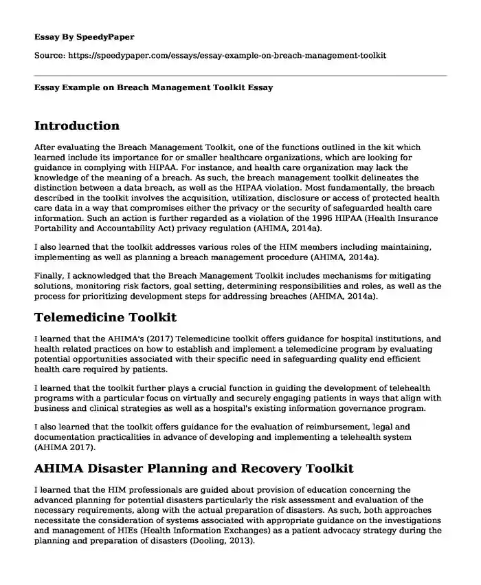Essay Example on Breach Management Toolkit
