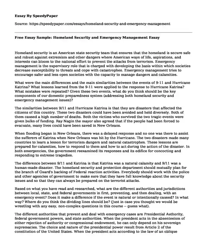 Free Essay Sample: Homeland Security and Emergency Management
