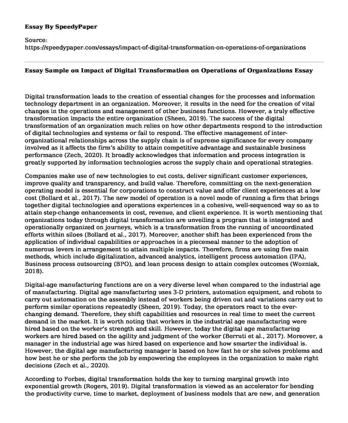 Essay Sample on Impact of Digital Transformation on Operations of Organizations