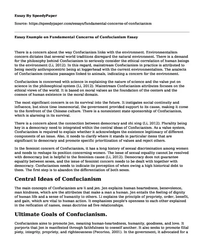 Essay Example on Fundamental Concerns of Confucianism