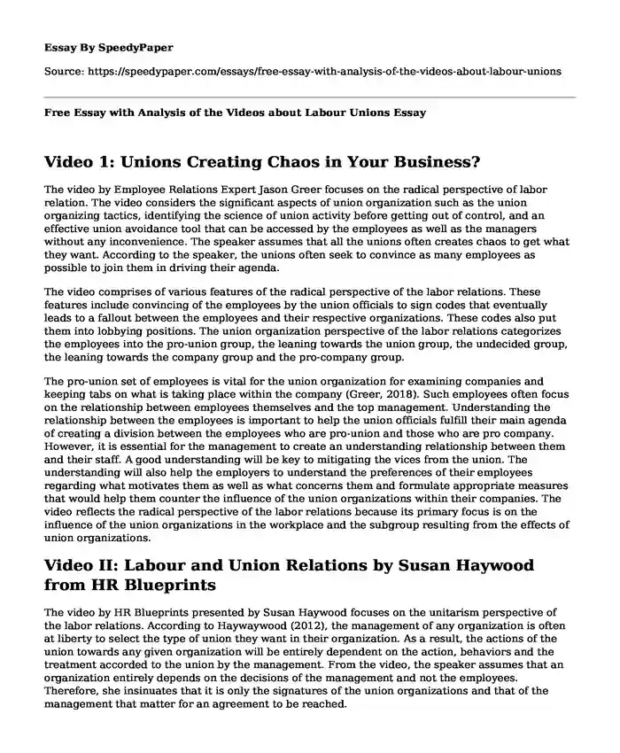 Free Essay with Analysis of the Videos about Labour Unions