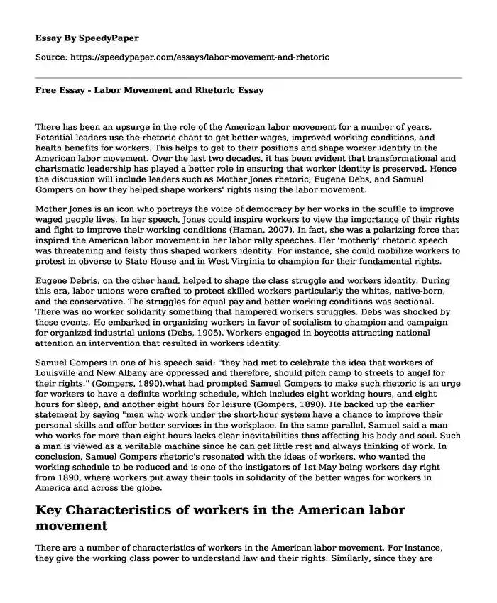 Free Essay - Labor Movement and Rhetoric