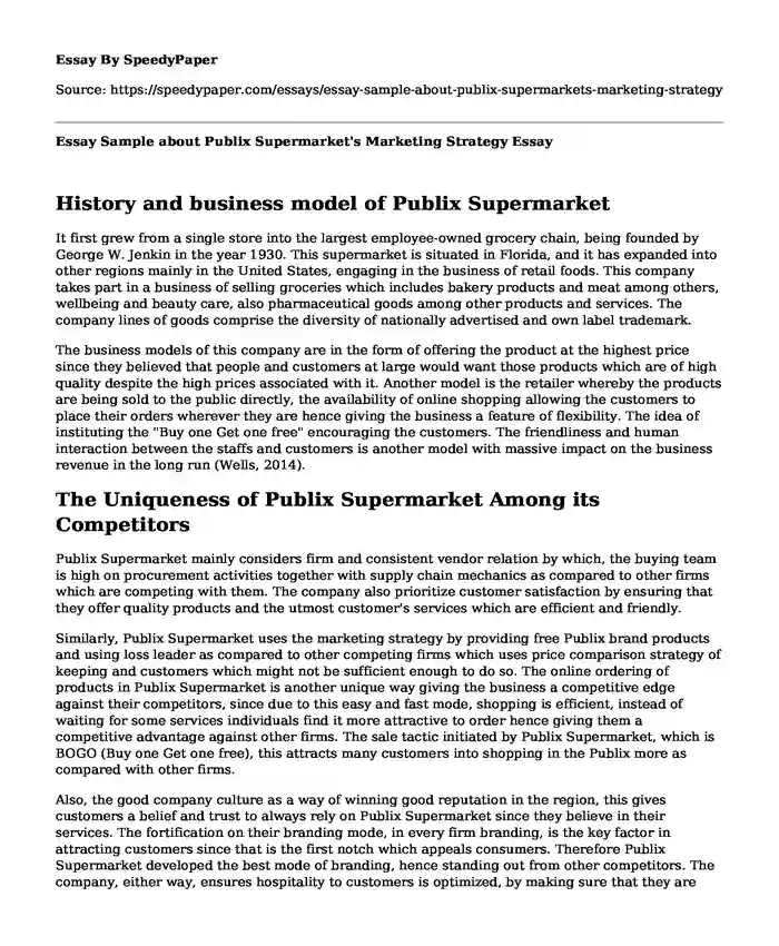 Essay Sample about Publix Supermarket's Marketing Strategy