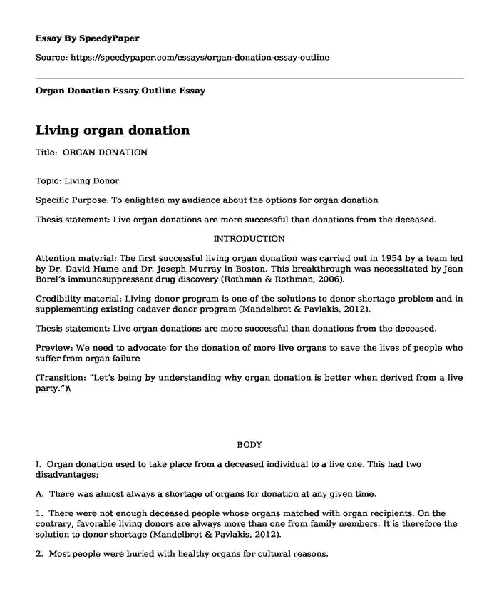 Organ Donation Essay Outline