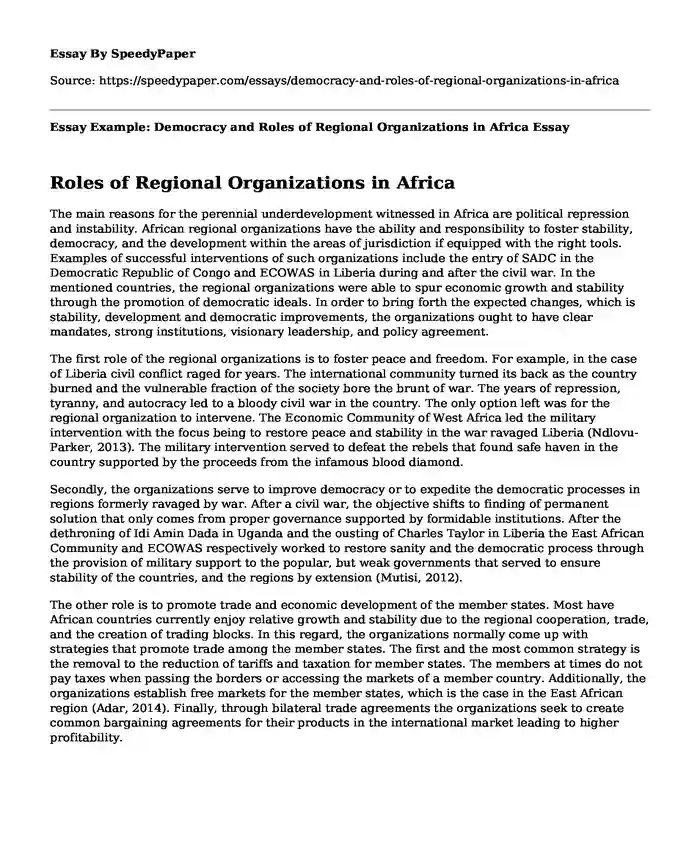 Essay Example: Democracy and Roles of Regional Organizations in Africa
