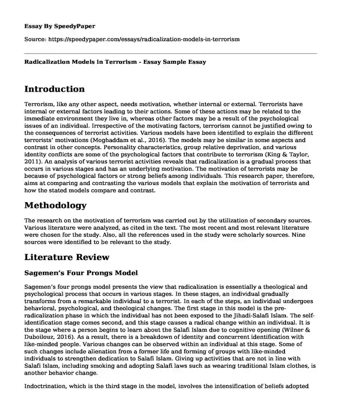 Radicalization Models in Terrorism - Essay Sample