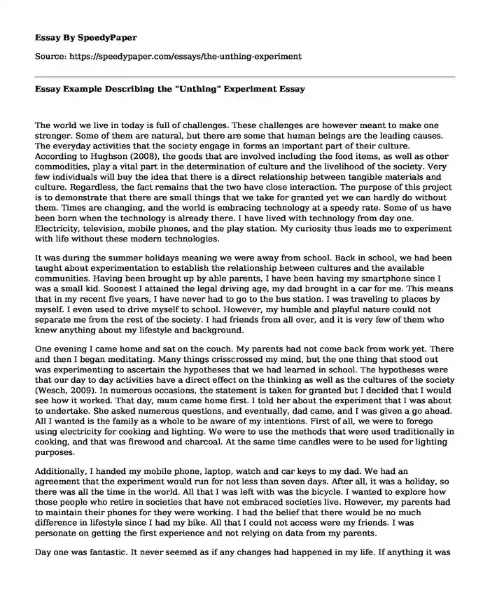 Essay Example Describing the "Unthing" Experiment