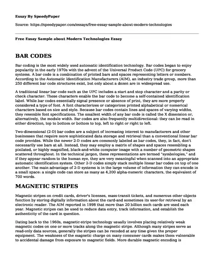 Free Essay Sample about Modern Technologies